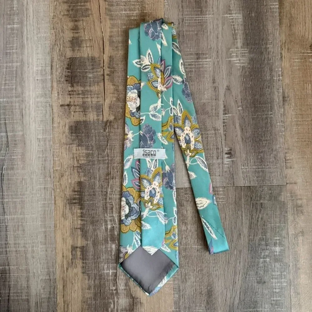 Vintage Isaco Turquoise Yellow Purple Silk Floral Necktie Made in Italy